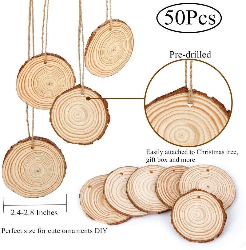 Colovis 50 Pieces 2.4"-2.8" Natural Wooden Slices,Colovis Unfinished Wood Circles with Holes Tree Bark Round Log Discs DIY Crafts Hanging Ornaments (50 Pcs, Natural Wood) - Image 2